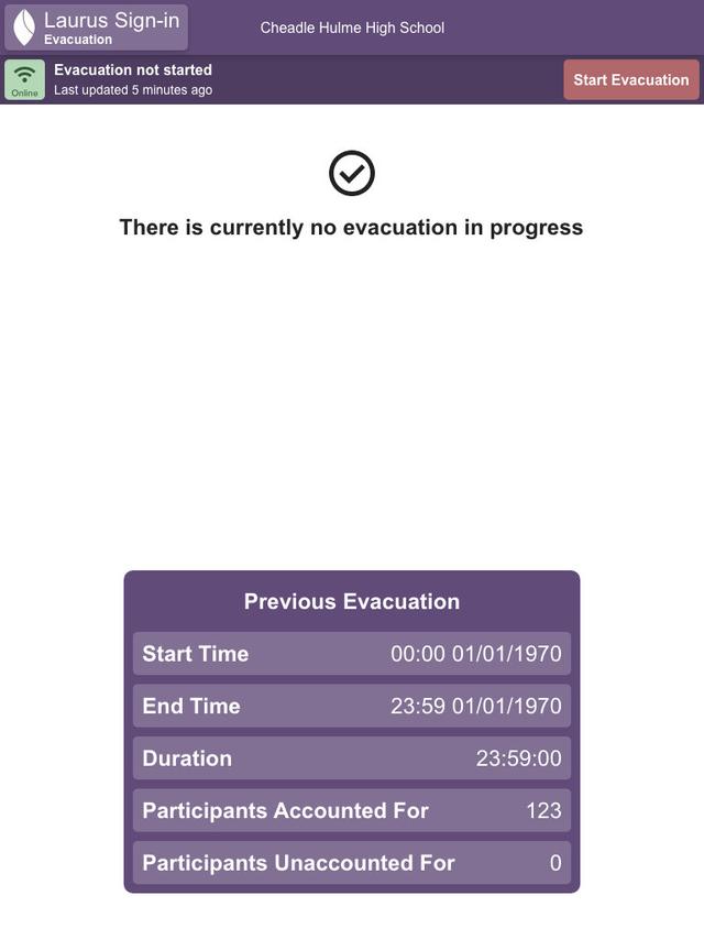 Evacuation app home screen